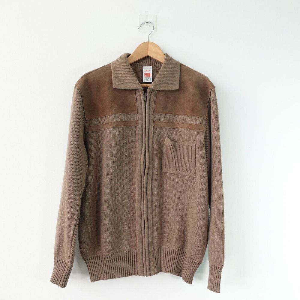 VINTAGE Brown Leather Sweater‎ Men Medium Suede Knit Zip British ST MICHAEL UK